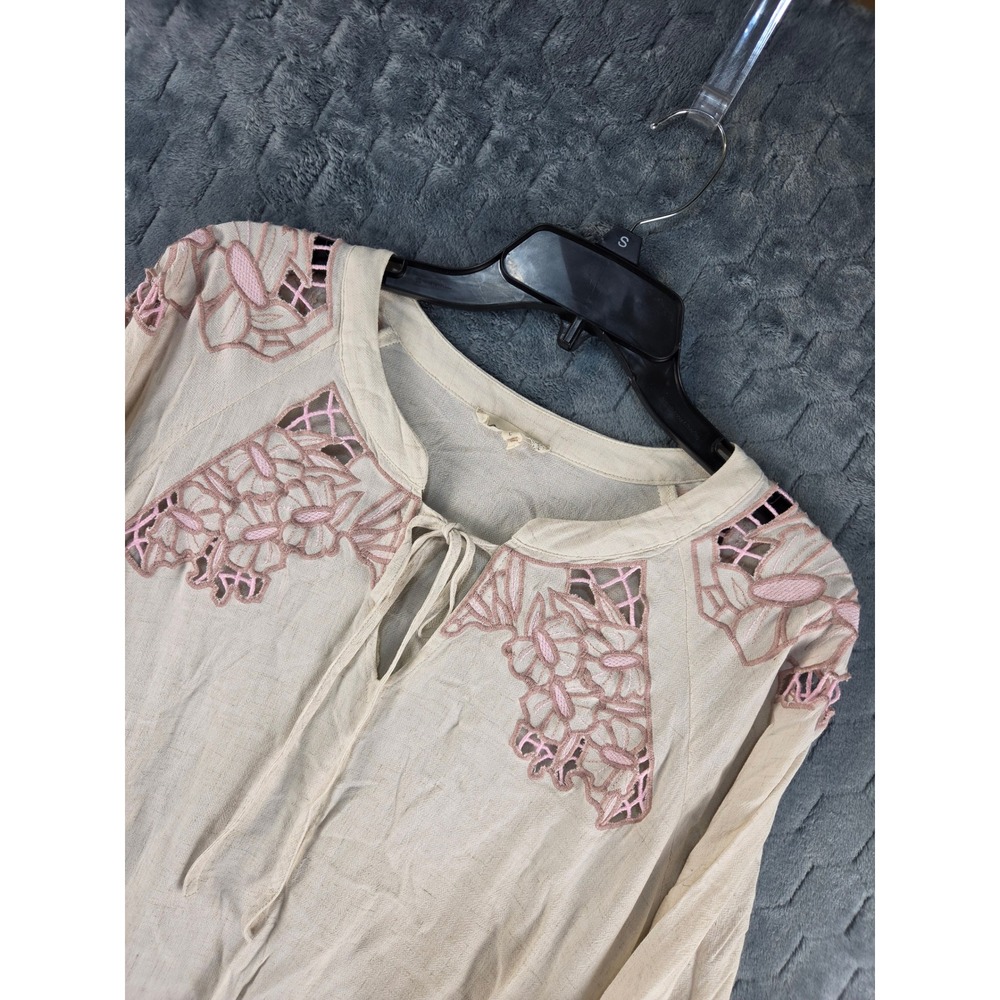 Mystree Beige Pink Floral Embroidered Smocked Peasant Blouse Large Boho Top